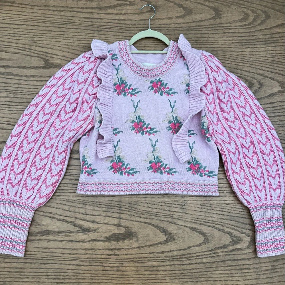LoveShackFancy Pink and Green Knit Sweater - Picture 1 of 7